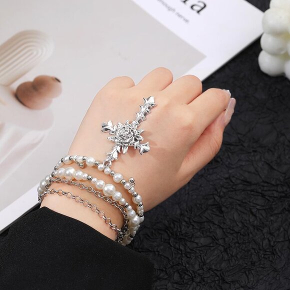 Pearl Cross Jewelry Set Women's Gothic Y2K Chunky Multi-Layered Pearl Necklace E - Picture 7 of 7